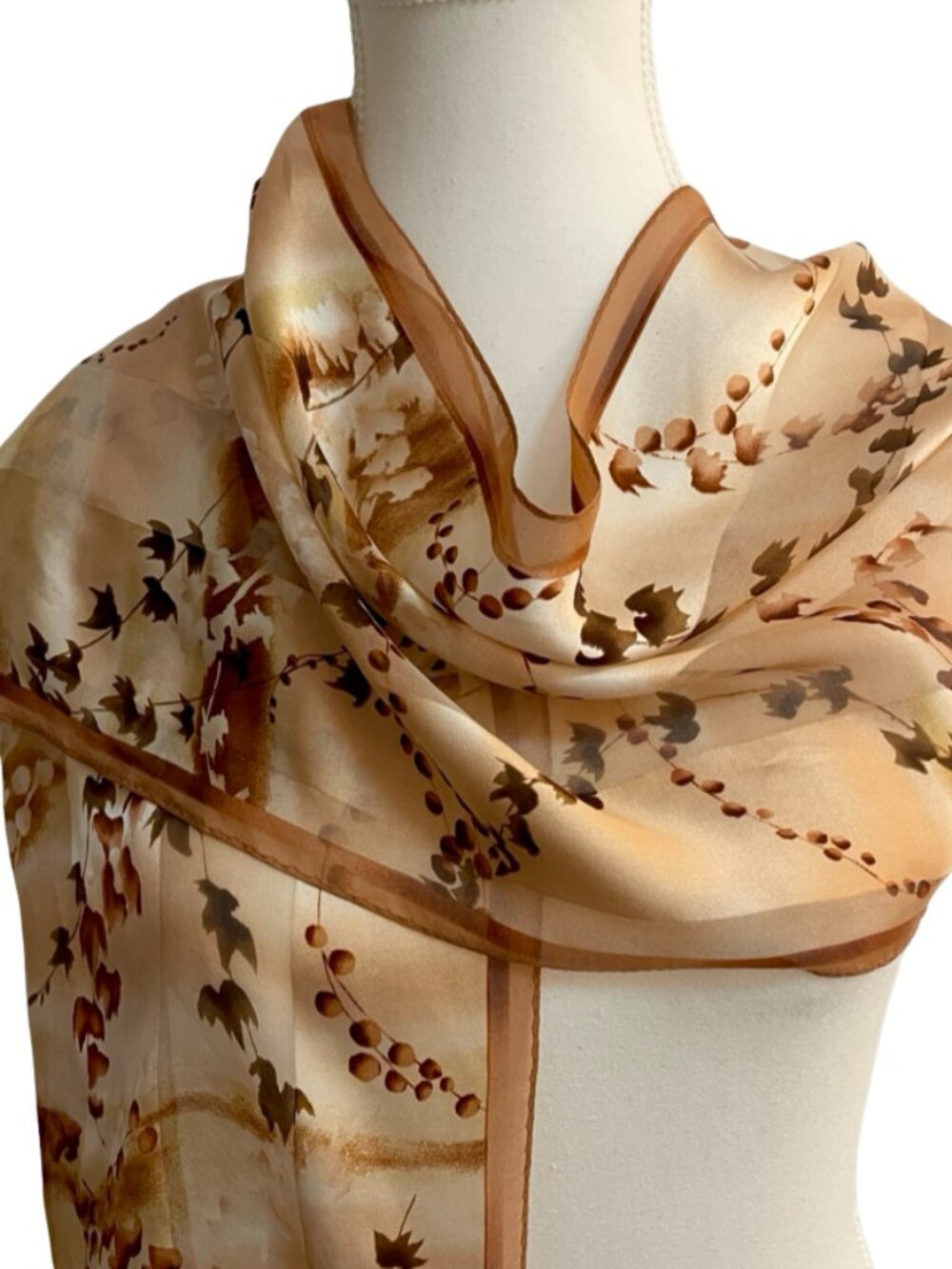 Anne Klein 100% Silk Floral Scarf Brown Beige 11 x 52